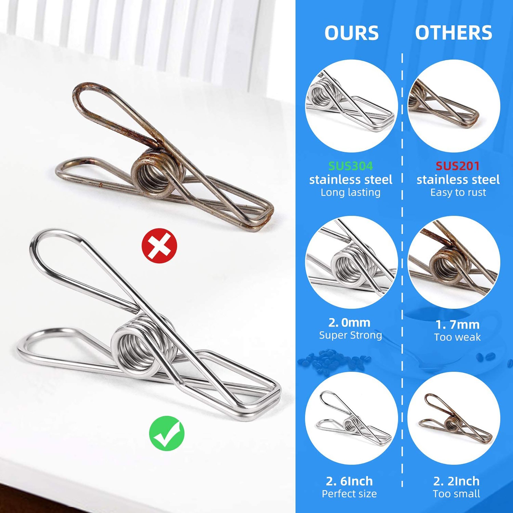 Multipurpose Stainless Steel Clothespins spring Clips Drying Pegs Clamps for Clothesline Outdoor Kitchen Food Bag clips