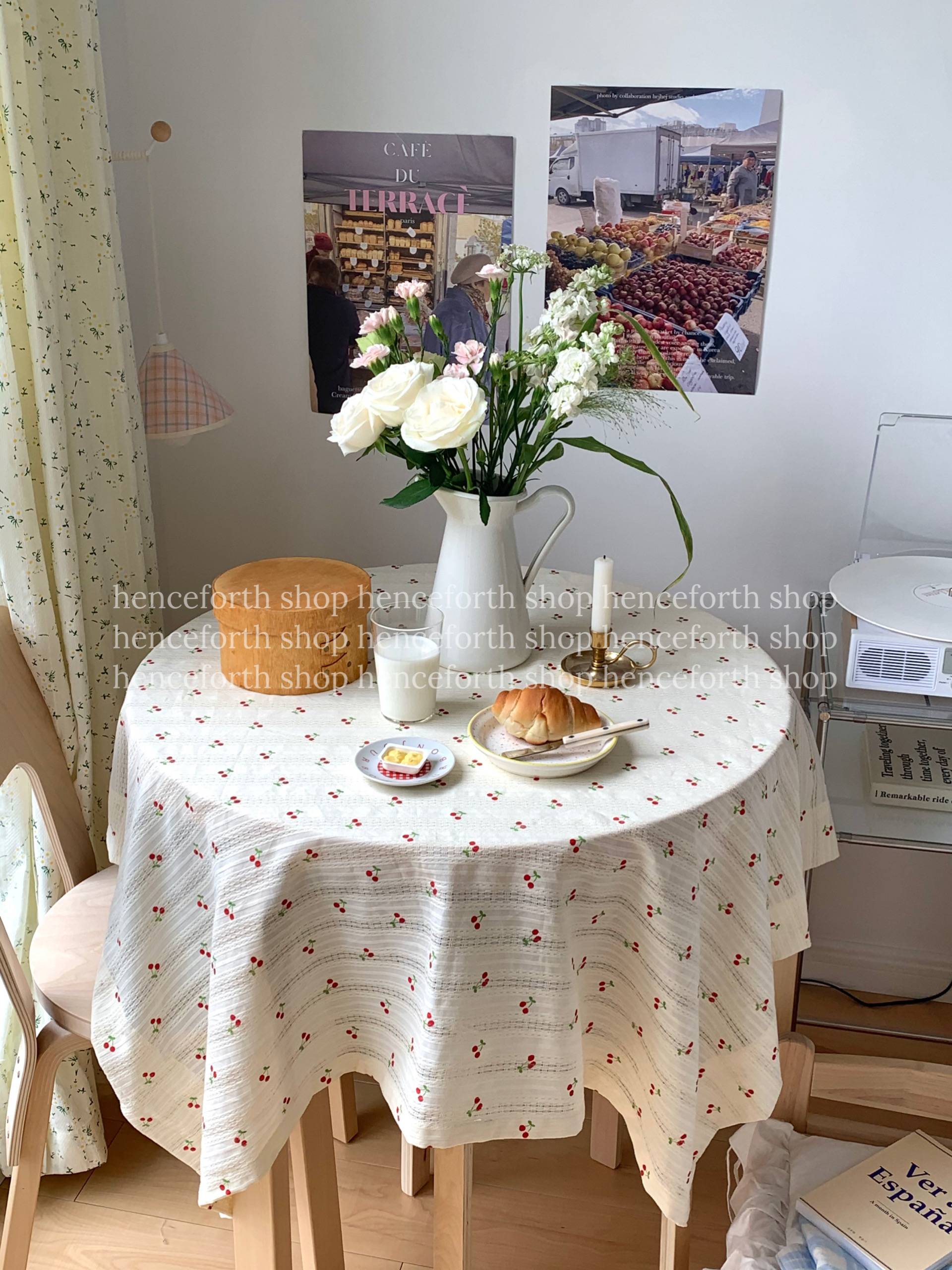 HENCEFORTH new tablecloth cherry print desk Gaibu home hanging cloth ins -hanging INS wind hollow base cloth cotton