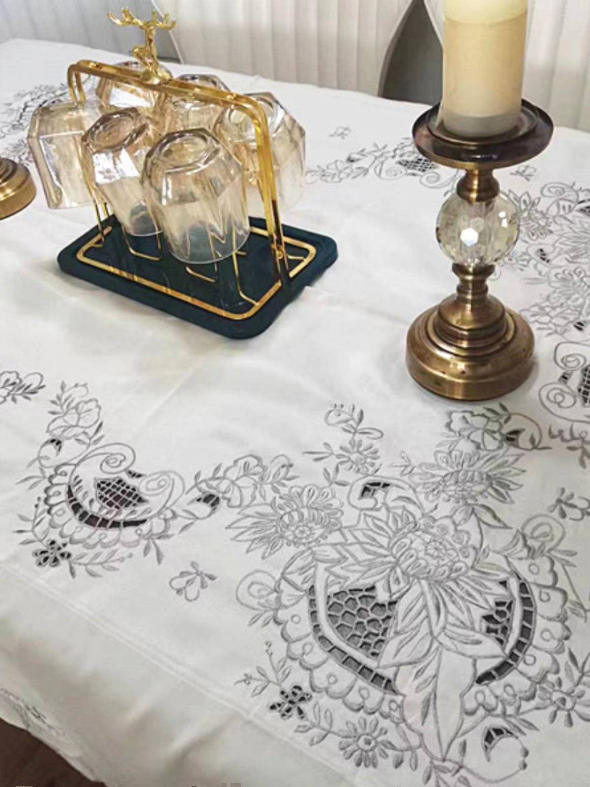 European -style satin hollow machine embroidered tablecloth
