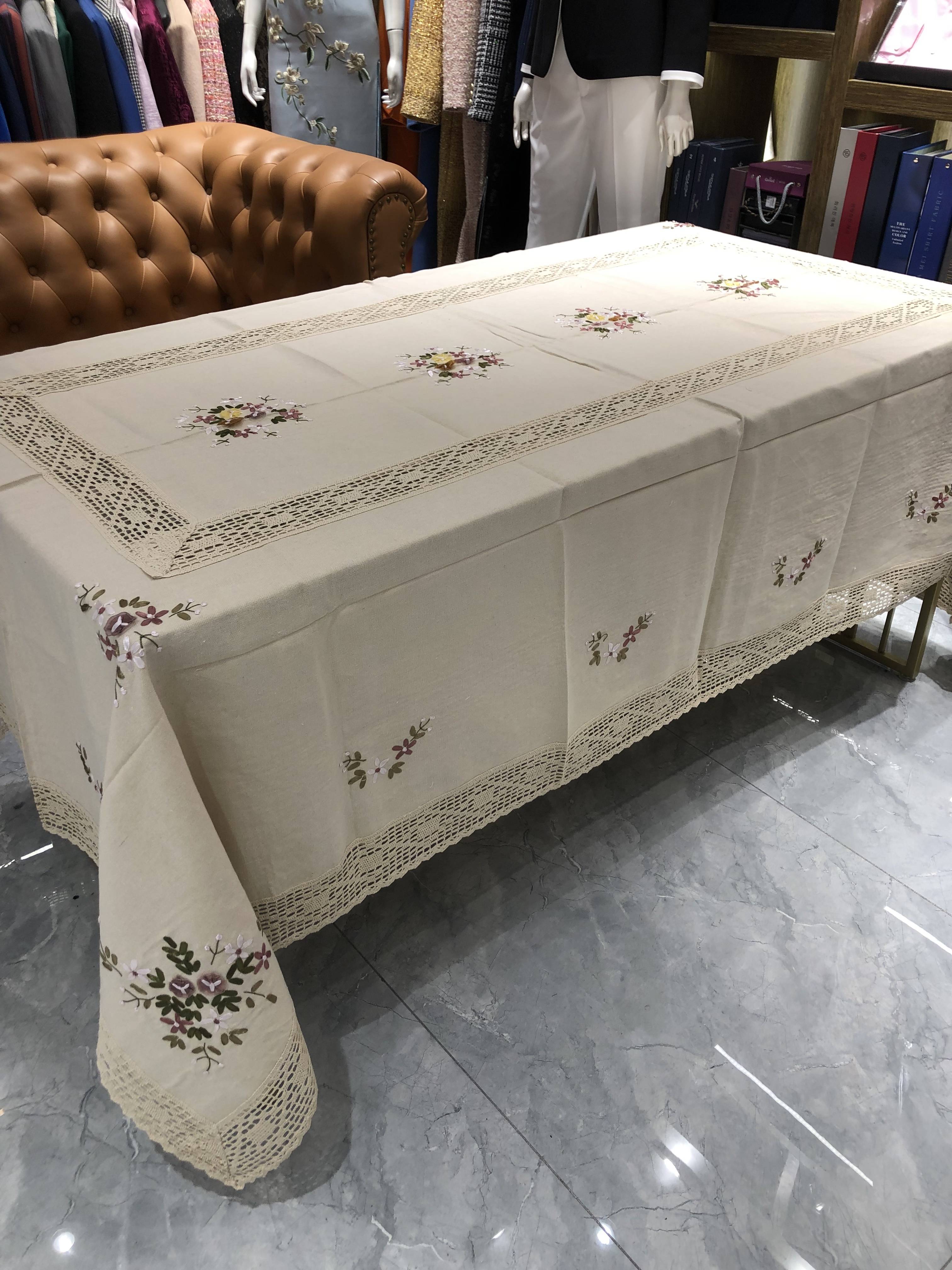 Dining table cloth coffee table cushion cloth household multi -function cover cloth cotton and linen handmade ribbon embroidery thick cloth