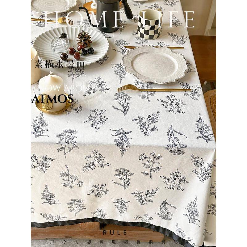 French medium -style black border cotton and linen cotton tablecloth retro round table long square table cloth coffee table court style