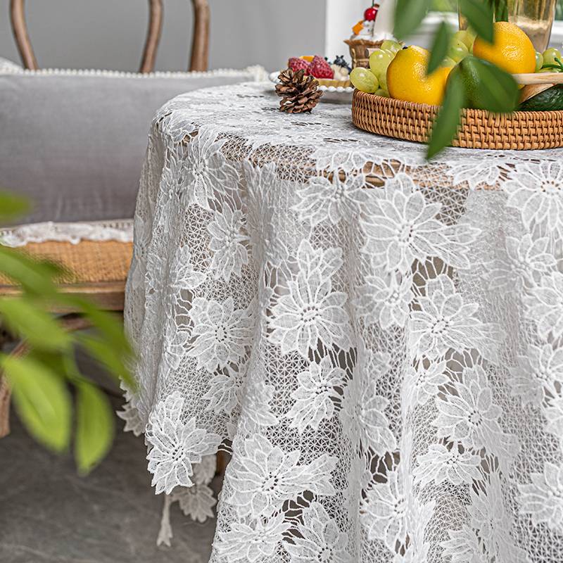 Camellia table cloth, American pastoral retro white lace hollow hook flower European style Gaifu light luxury style rectangular fabric