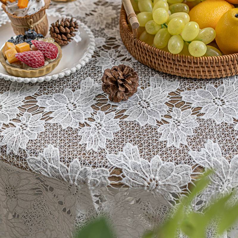 Camellia table cloth, American pastoral retro white lace hollow hook flower European style Gaifu light luxury style rectangular fabric