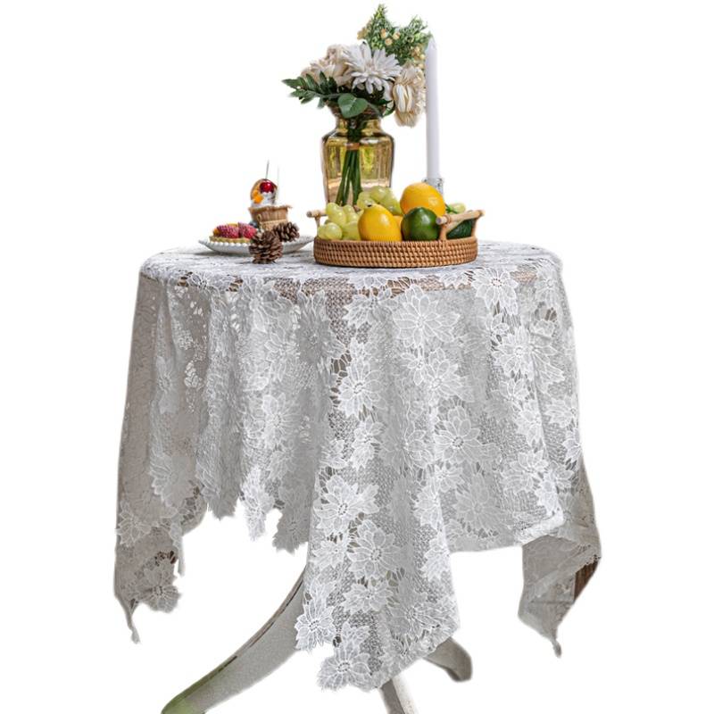Camellia table cloth, American pastoral retro white lace hollow hook flower European style Gaifu light luxury style rectangular fabric