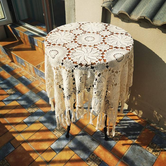 Fresh water lotus pure cotton handmade hook hollow retro lace Su table cloth round coffee table square square
