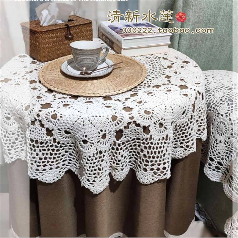 Handmade hook flowers pure cotton lace cutout woven retro American cabinet decoration cover cloth white round tablecloth