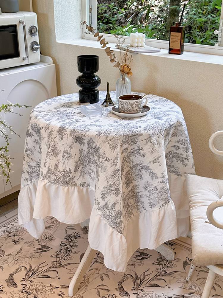 French retro cotton, linen, lotus leaf edge table cloth