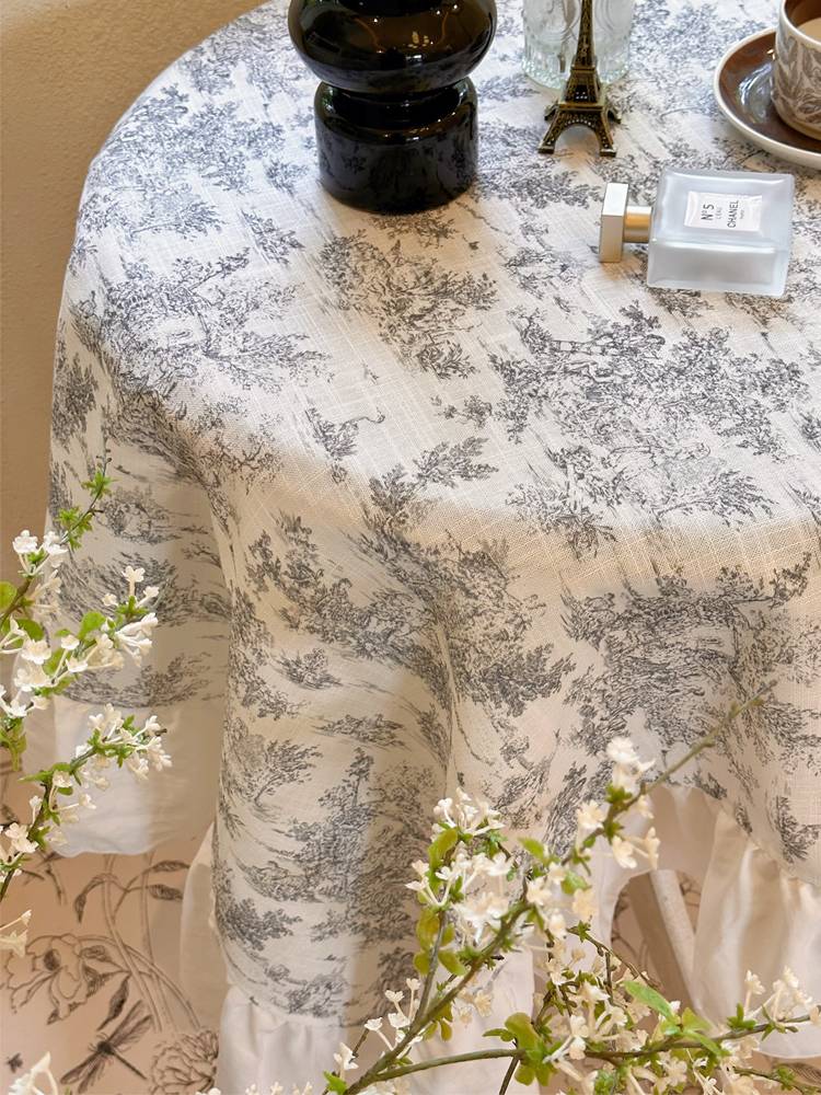 French retro cotton, linen, lotus leaf edge table cloth