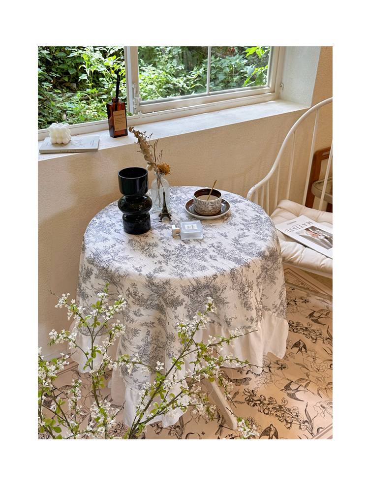 French retro cotton, linen, lotus leaf edge table cloth