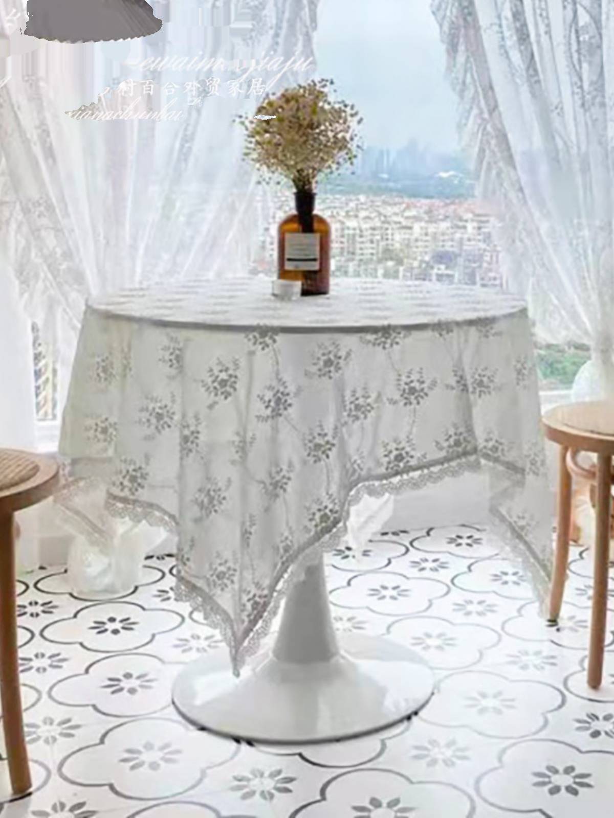 Fairy fluttering French white lace tablecloth