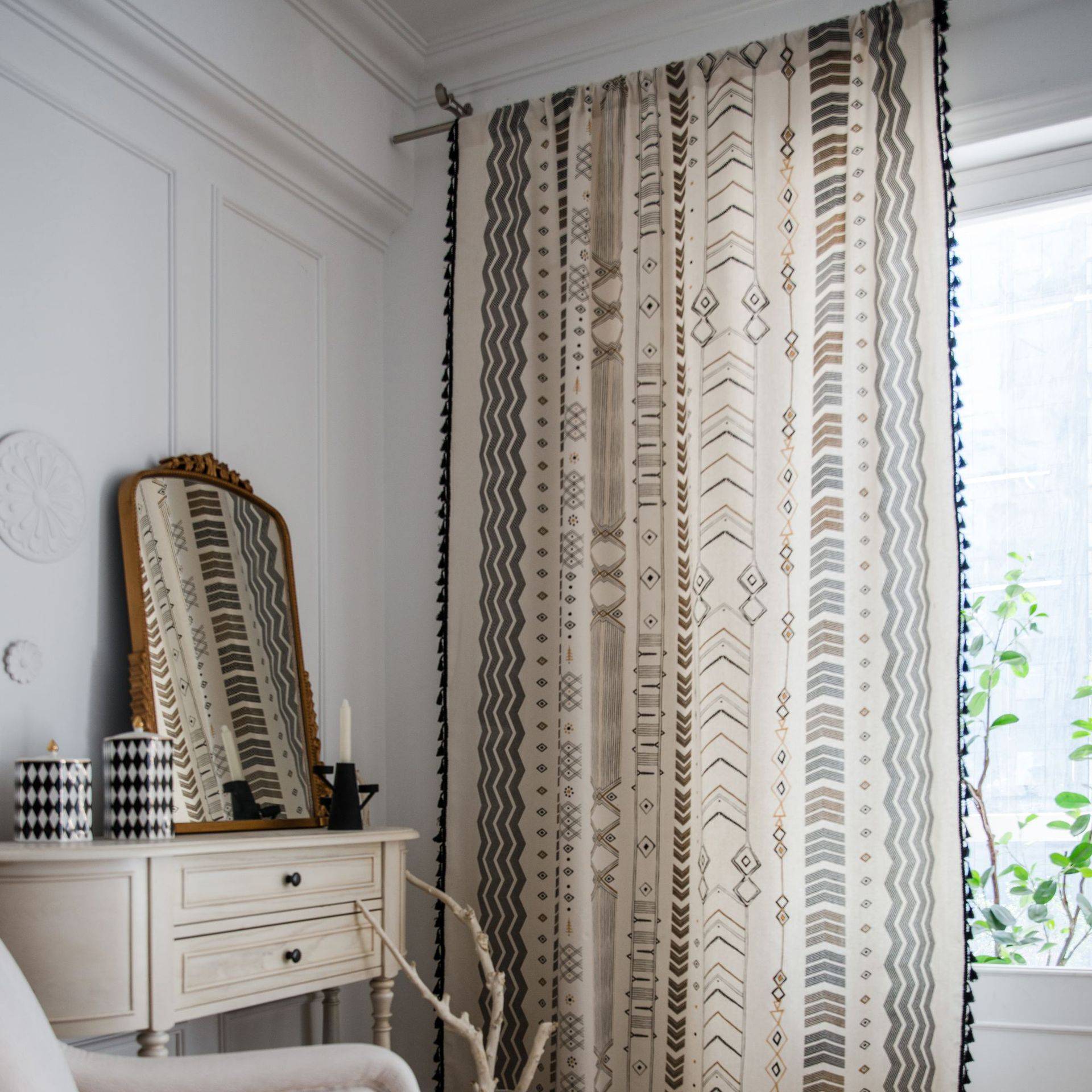 Bohemian black and white cotton anesthesia half -shading curtain