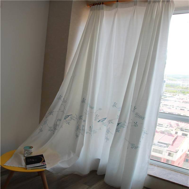 Curtain finished white embroidery, simple modern light transmittance, unprepared Nordic style bedroom balcony partition