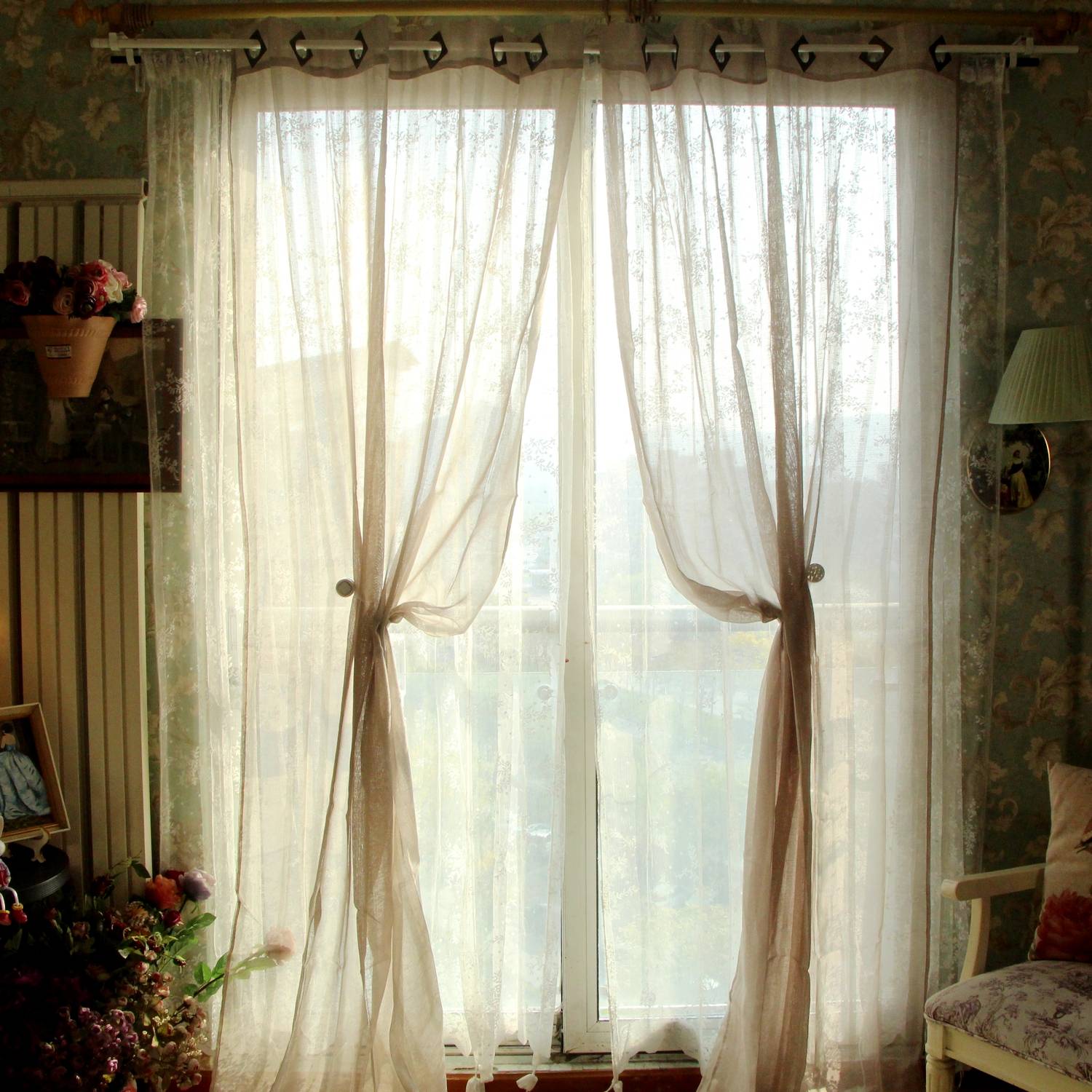 Yu Single American -style rural cotton and linen tattooing square Roman circle gray vertical landing curtain finished product 265cm high