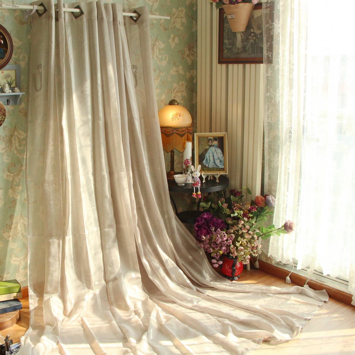 Yu Single American -style rural cotton and linen tattooing square Roman circle gray vertical landing curtain finished product 265cm high