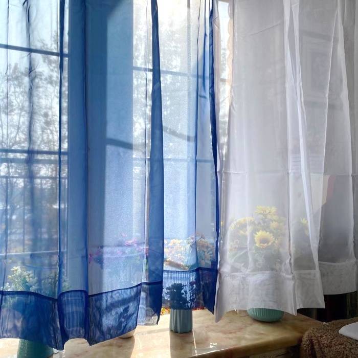 , Blue and white solid color curtain finished product punching curtain screen curtain, balcony decorative minimalist window screen