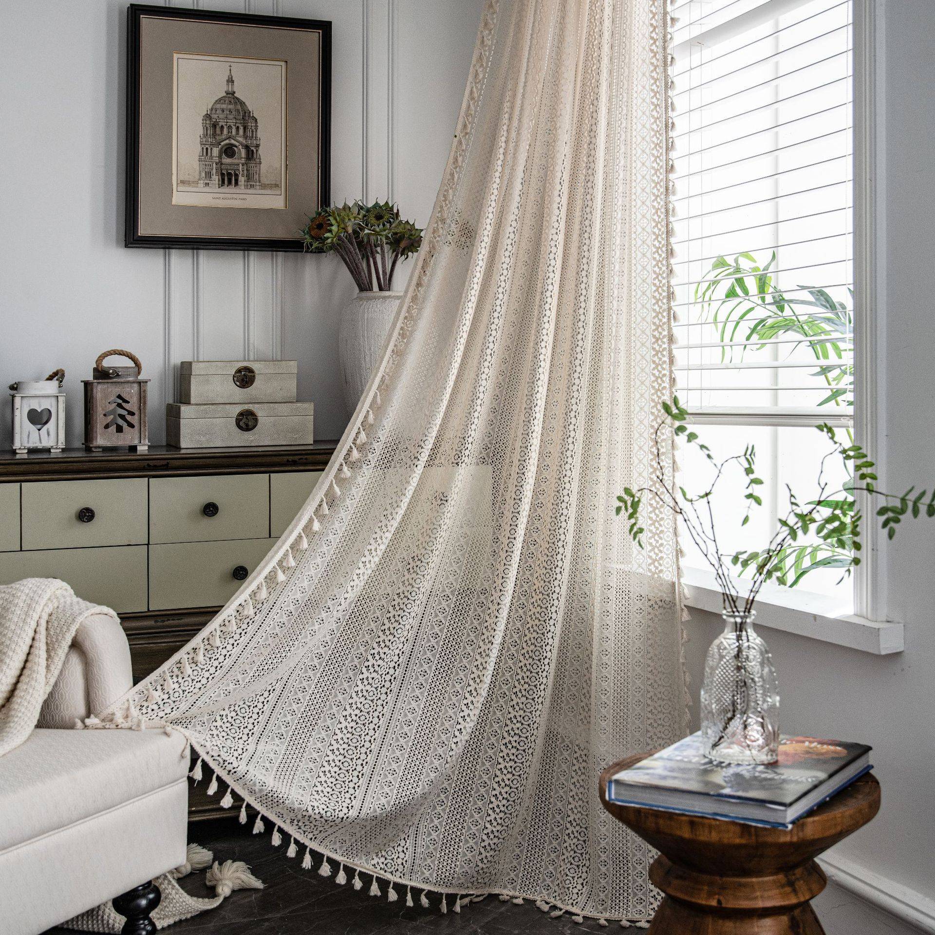Bay window screen curtains free of punching and installation of beige hook needles