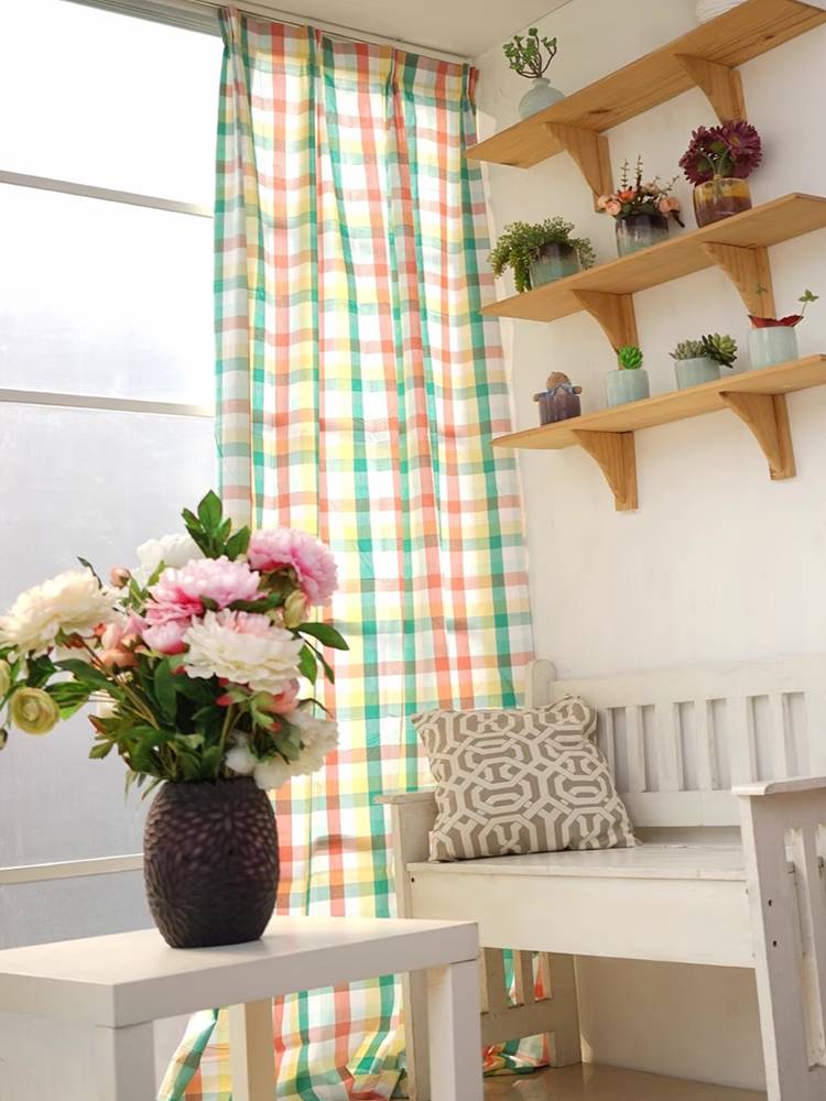 Half -shading Children's Rooth Green Plaid Japanese -style Wind Curtain