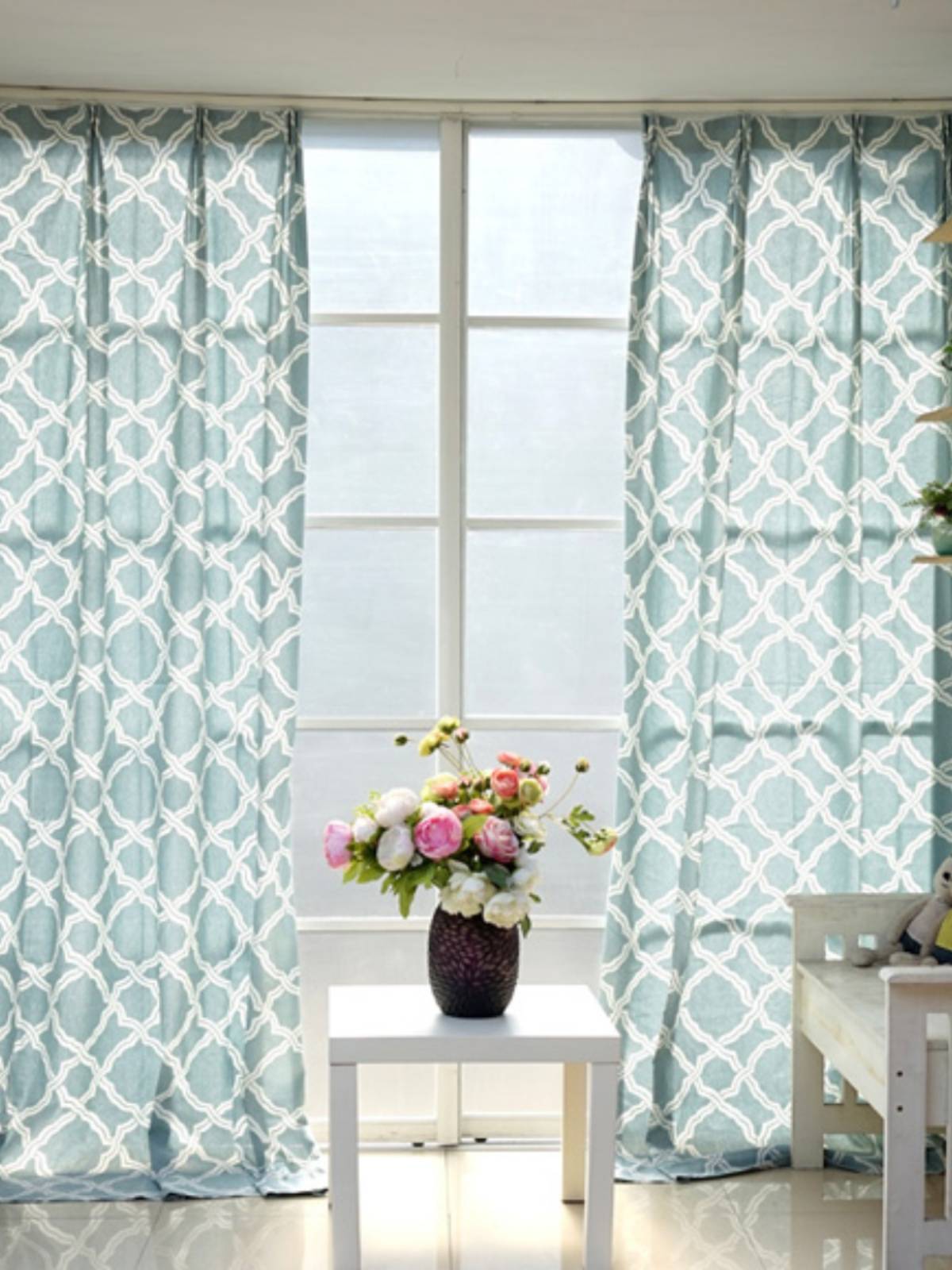 Blue cotton and linen geometric printed Japanese style wind curtain