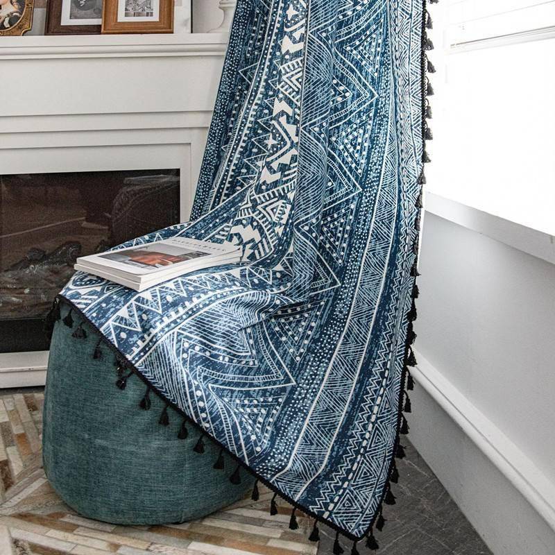 Products Bohemian curtains blue geometric printing homestay living room Kitchen curtain American customization