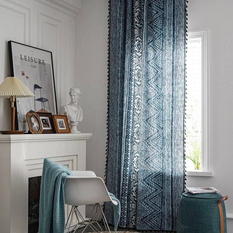 Products Bohemian curtains blue geometric printing homestay living room Kitchen curtain American customization
