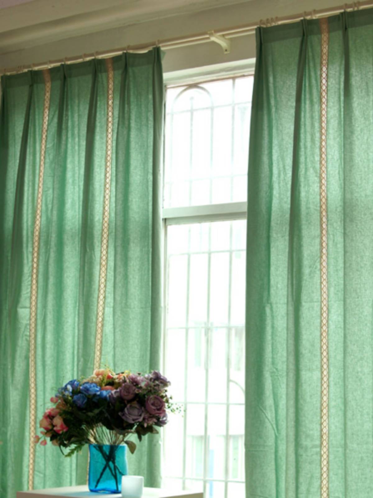 Japanese style style art fan blue -green pure cotton linen curtain