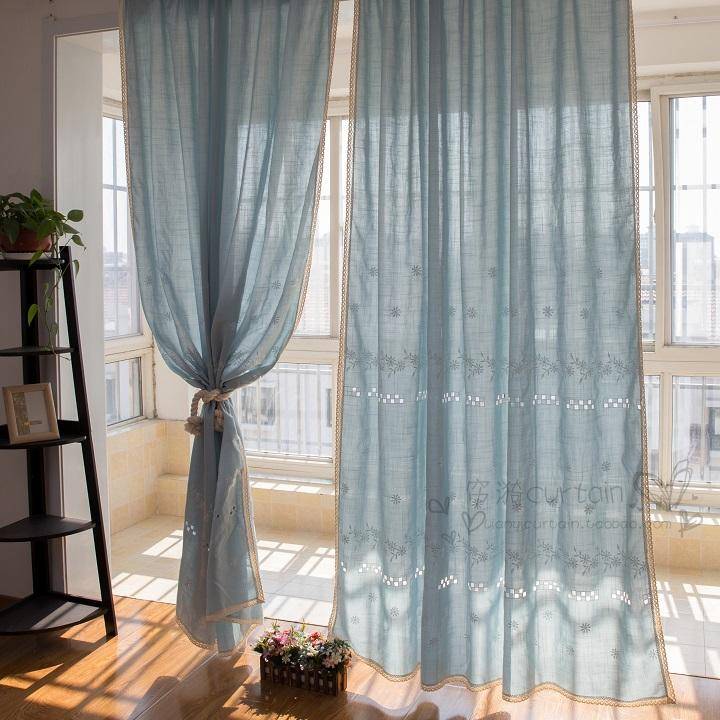 New product blue Mediterranean American pastoral finished curtain retro embroidery living room bedroom balcony bay window