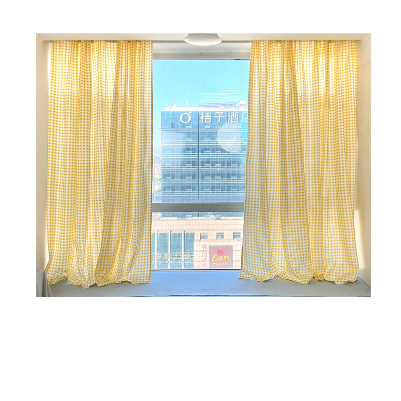 Rental house yellow plaid curtain magic stick model small fresh half curtain half -shading short curtain bedroom balcony