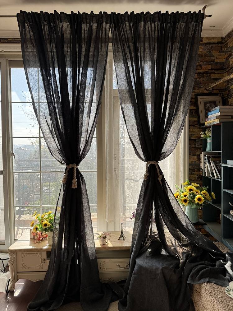 Pure color curtain of plain American retro linen window screen