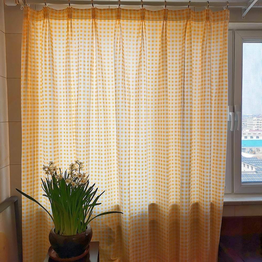 Rental house yellow plaid curtain magic stick model small fresh half curtain half -shading short curtain bedroom balcony