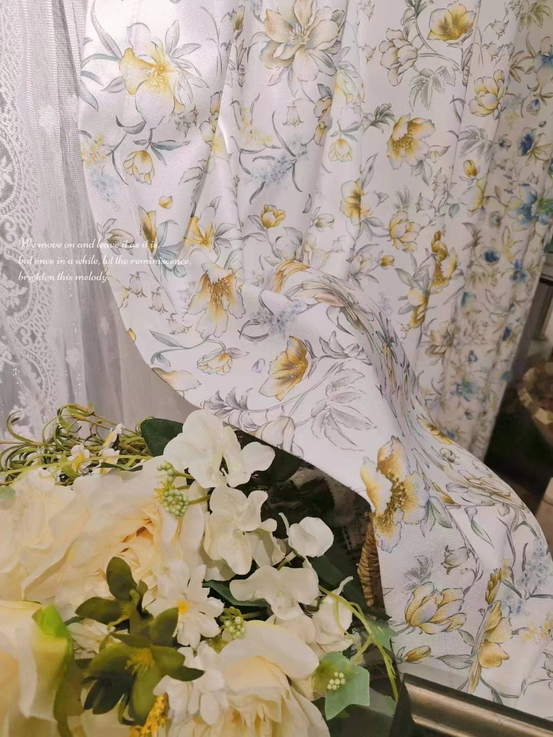 Spring flower three -color optional yellow pink blue curtain fabric export inn, homestay curtains