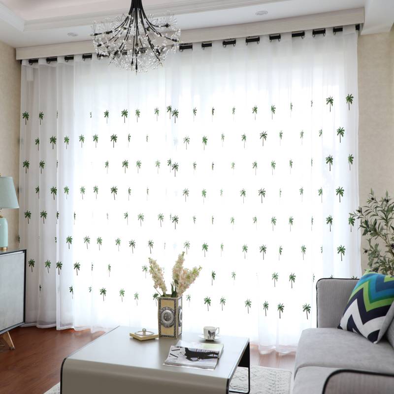Fresh coconut trees simple embroidery curtain curtain finished semi -shaped embroidered window screen balcony bay window hook and punching