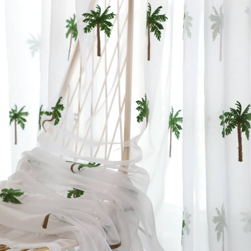 Fresh coconut trees simple embroidery curtain curtain finished semi -shaped embroidered window screen balcony bay window hook and punching