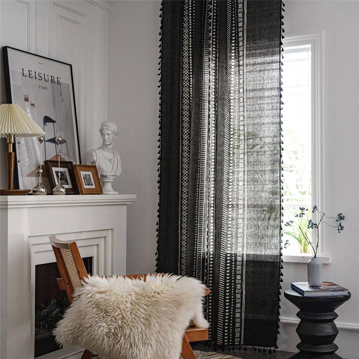 Flavors imitation linen wearing curtain black and white printing modern living room bedroom factory customization