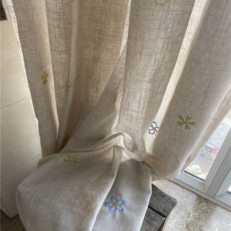 Curtain finished product embroidery simplicity linen hook model embroidery linen living room floor -to -ceiling windows z cover can be customized