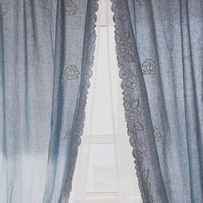 Exit American -style French rural Mediterranean blue cotton and linen rough cloth embroidered landing curtain finished products