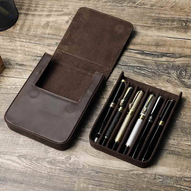 Source crazy horse leather pen bag handmade 6 -filled magnetic suction drawer -style student steel pen storage box spot