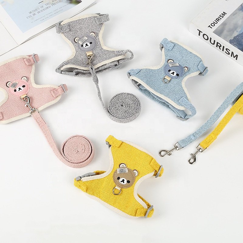 Pet Harness for Puppy Cat Cute Bear Harness Set Linen Cotton Dog Harness and Leash Set