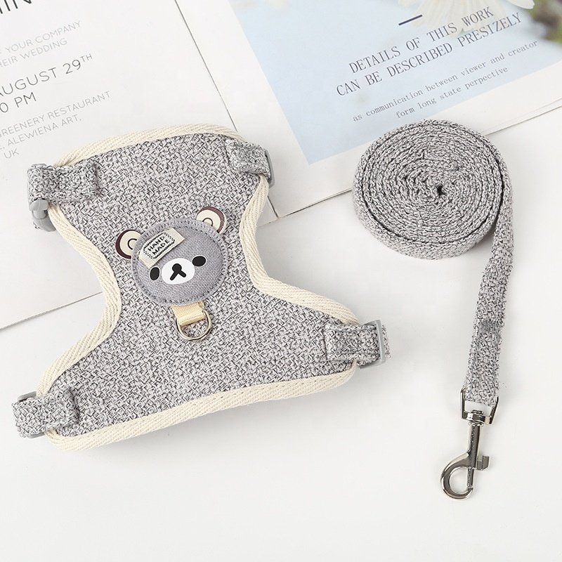 Pet Harness for Puppy Cat Cute Bear Harness Set Linen Cotton Dog Harness and Leash Set