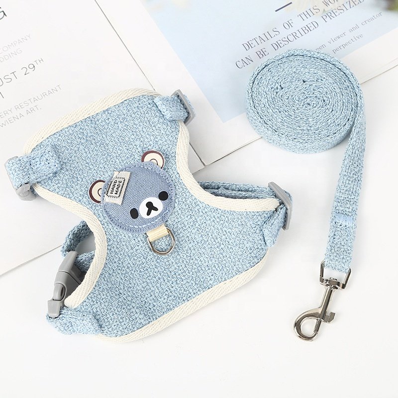 Pet Harness for Puppy Cat Cute Bear Harness Set Linen Cotton Dog Harness and Leash Set
