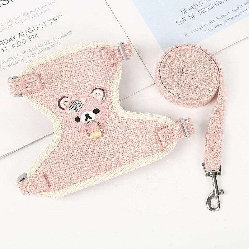 Pet Harness for Puppy Cat Cute Bear Harness Set Linen Cotton Dog Harness and Leash Set