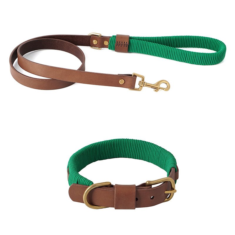 Luxury High Quality Vegetable Tanned Full Grain Genuine Leather Pet Dog Collar Leash Set Dog Walking Rope Set