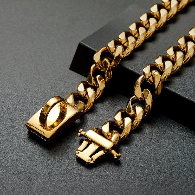 18K Cuban Link Dog Chain Exquisite Seamless Welding 15mm Stainless Steel Leather Fashion Adjustable Dog Leash