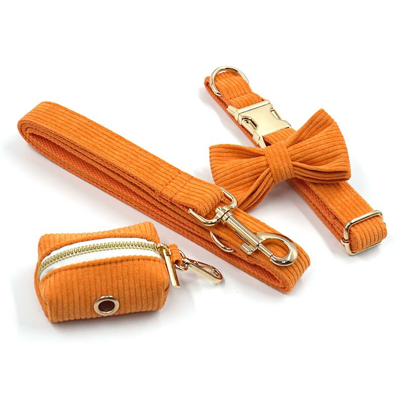 Velvet Corduroy Dog Collar and Leash Set with Super Cute Pop Bag for Dog Walking and Training