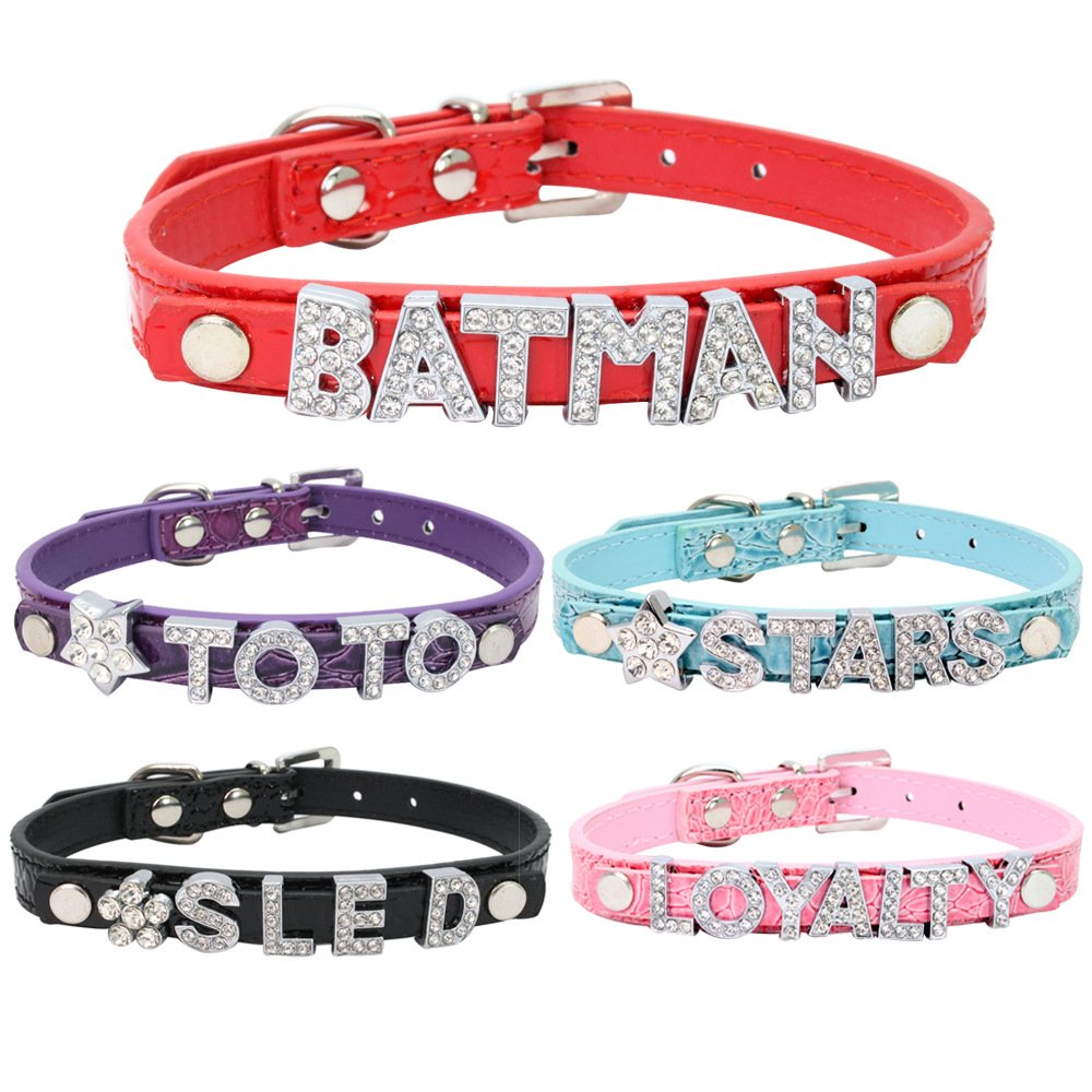 Wholesale Luxury Pet Accessories Colorful Dog Collars with DIY Diamond Letter Glitter PU Leather Pet Collars