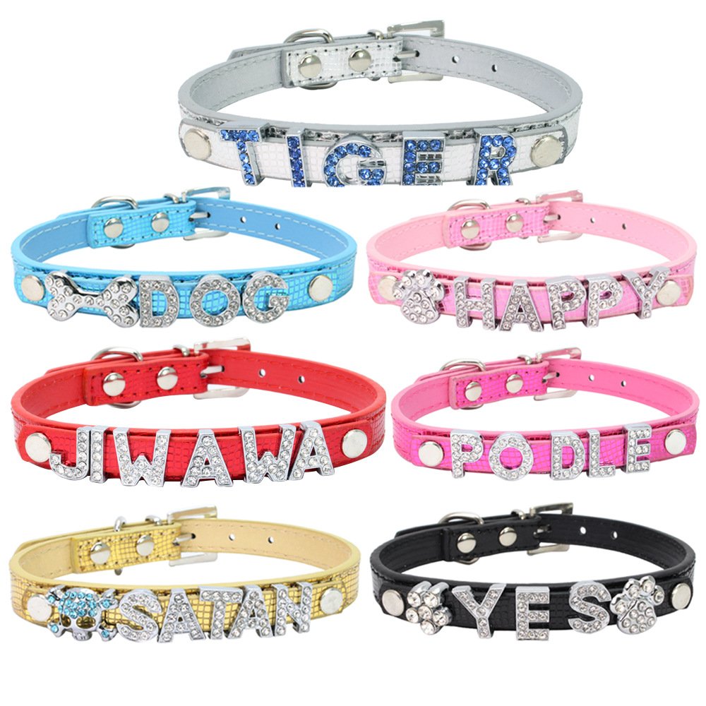 Wholesale Luxury Pet Accessories Colorful Dog Collars with DIY Diamond Letter Glitter PU Leather Pet Collars