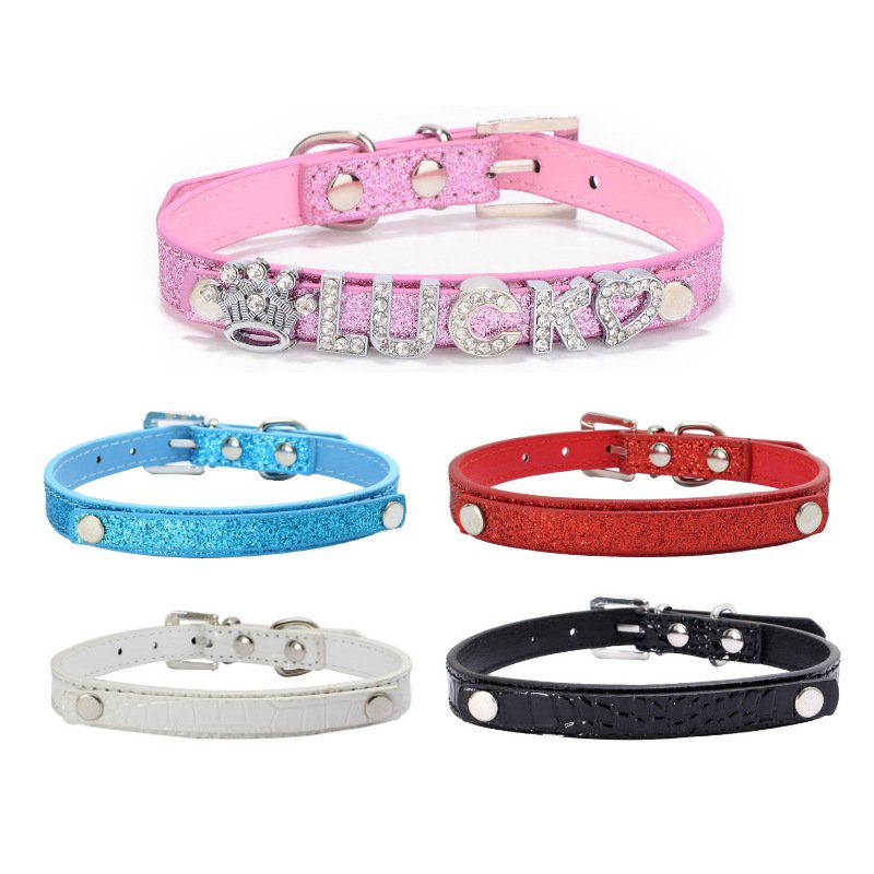 Wholesale Luxury Pet Accessories Colorful Dog Collars with DIY Diamond Letter Glitter PU Leather Pet Collars