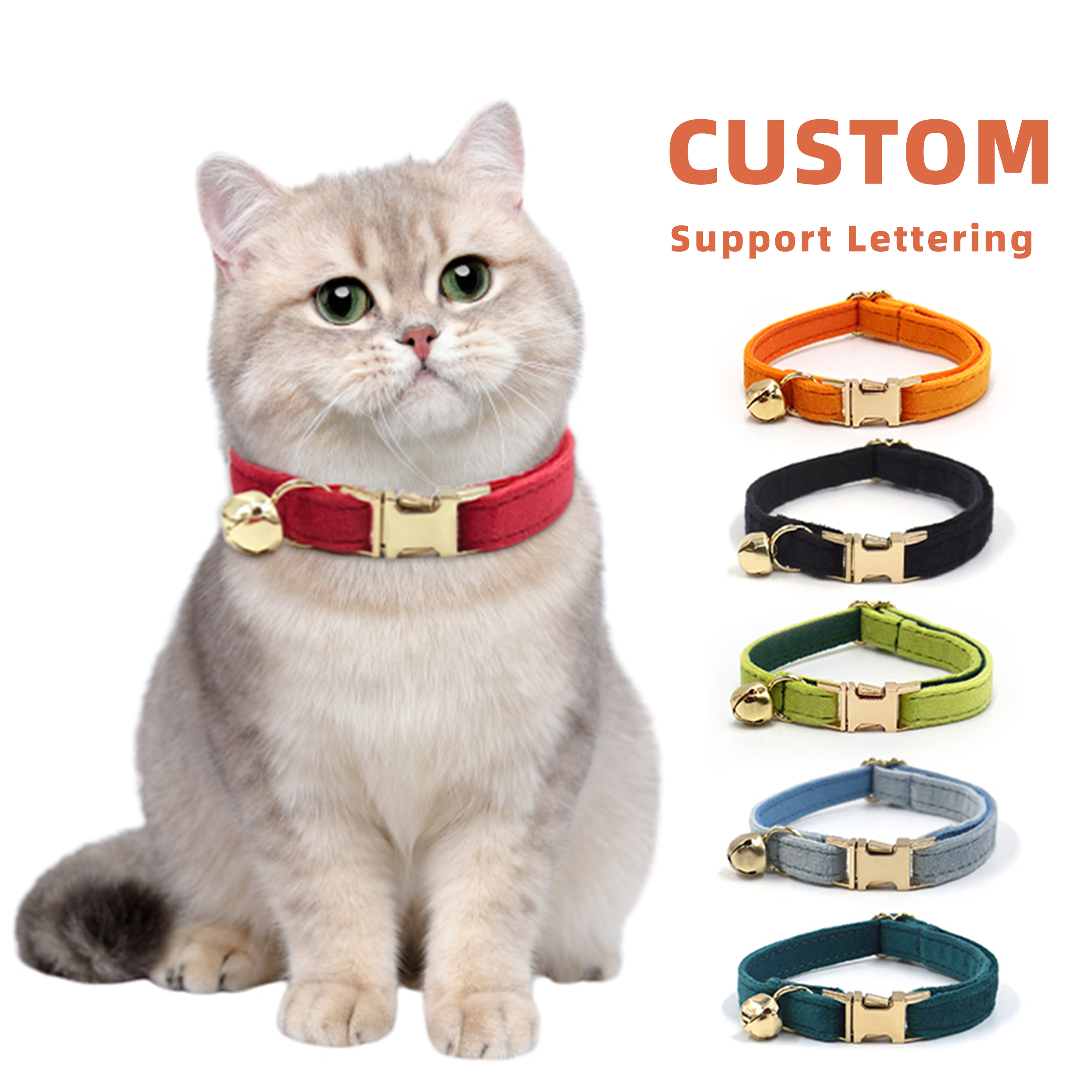 Multiple Colors Velvet Cat Bell Collar Velvet Adjustable Cat Collar With Metal Buckle Support Lettering
