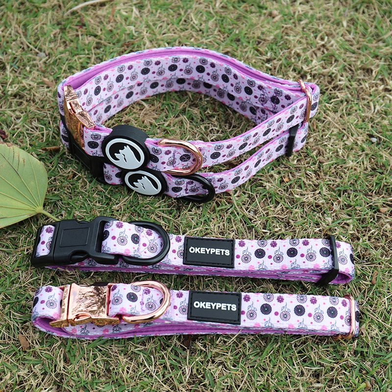 Floral Customized Pet Set Bandana Harness Poop Bag Fashion Heavy Duty Durable Personalized Luxury Dog Collars Leash Set