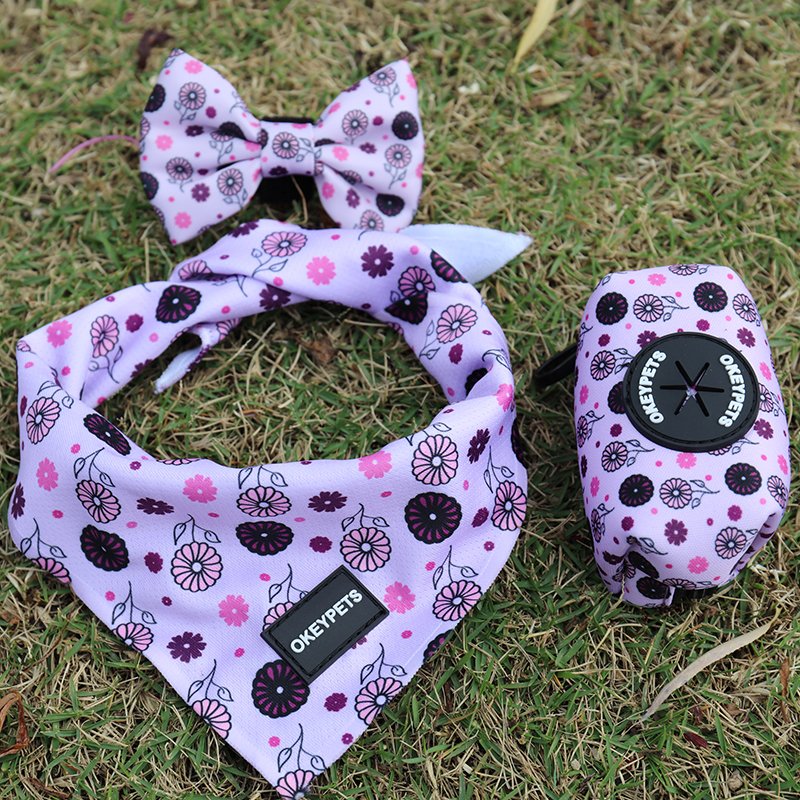 Floral Customized Pet Set Bandana Harness Poop Bag Fashion Heavy Duty Durable Personalized Luxury Dog Collars Leash Set