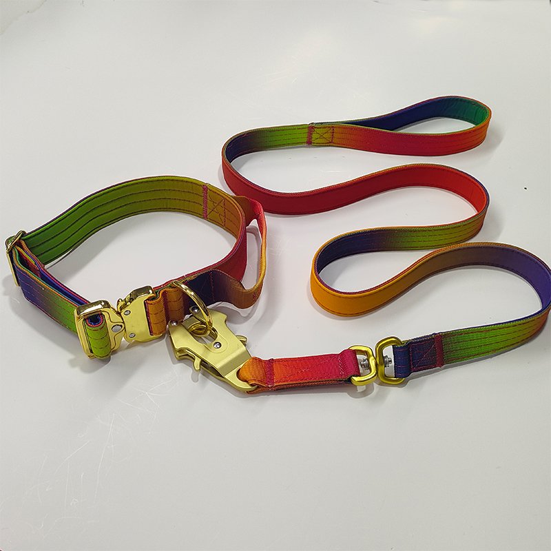 Custom Multi Color nylon combat tactical dog collar and leash set lead Gradient Seven colors heavy duty dog leash and harness